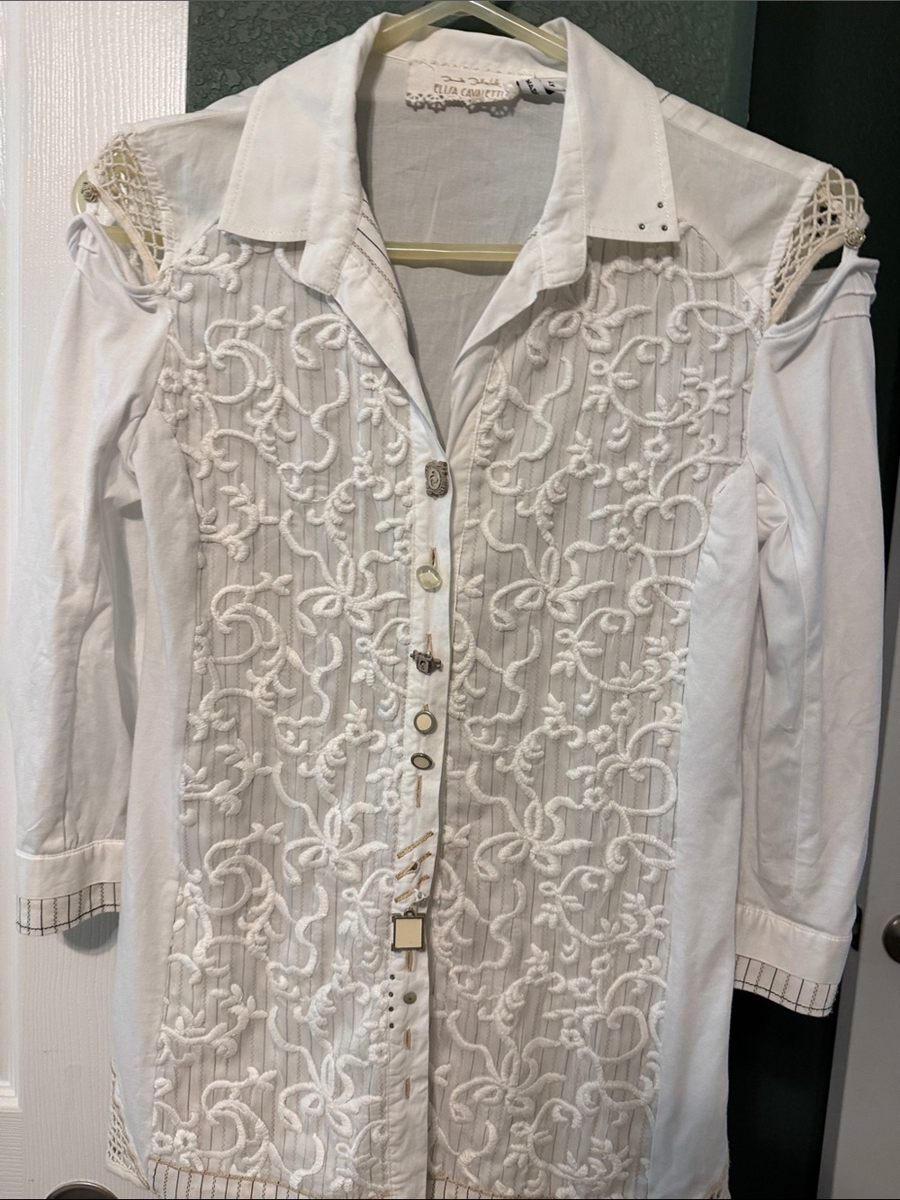 Elisa Cavaletti White Embroidered Cold-Shoulder Button-Down Top